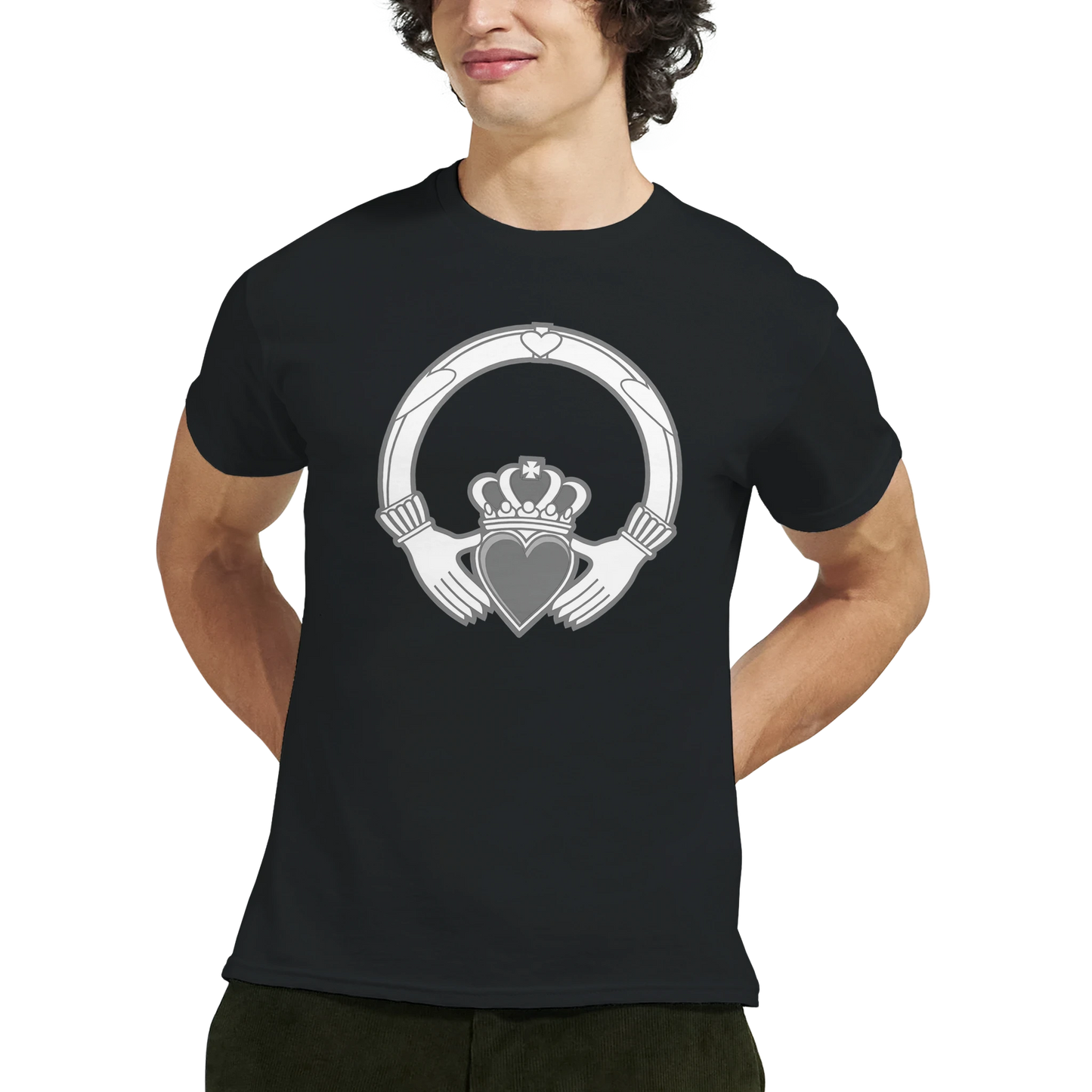 Claddagh Ring Heavyweight Unisex Crewneck T-Shirt – lifestyle worn view | Buy Irish Art