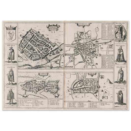 Town Plans of Dublin, Cork, Limerick and Galway (1618), four historic city maps with figures in costume