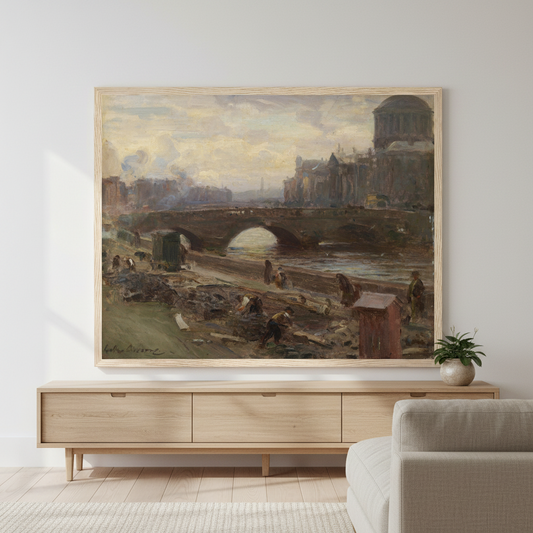 The Four Courts, Dublin by Walter Osborne framed print in an oak frame above a sideboard beside a sofa