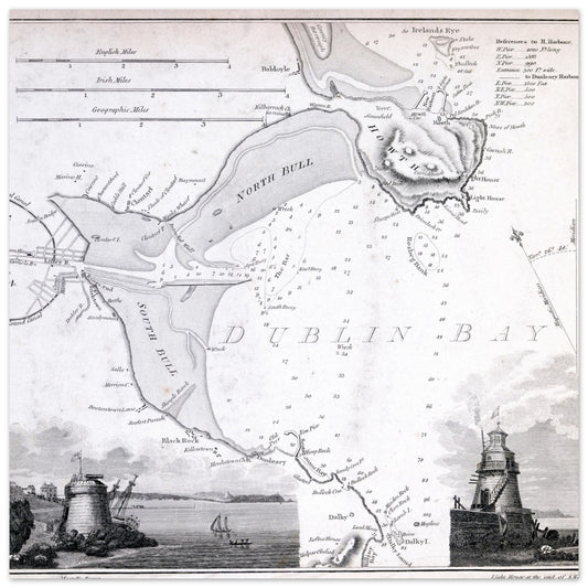 Map of Dublin Bay chart with vignettes of Seapoint Martello Tower and Poolbeg Lighthouse, South Wall