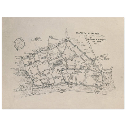 The Walls of Dublin, historic map of the medieval Dublin city walls and streets with a compass rose