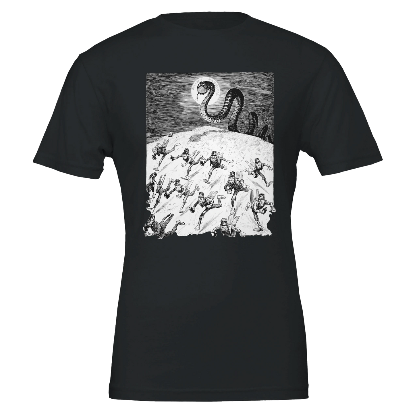 Saint Patrick’s Wild Chase – Vintage Leprechaun Escape T-Shirt – front detail view | Buy Irish Art