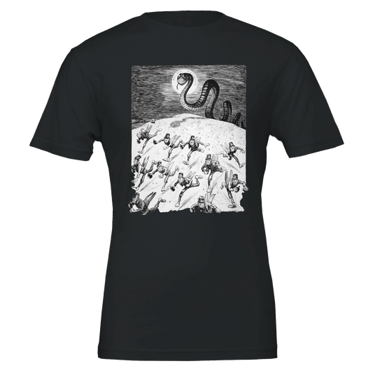 Saint Patrick’s Wild Chase – Vintage Leprechaun Escape T-Shirt – front detail view | Buy Irish Art
