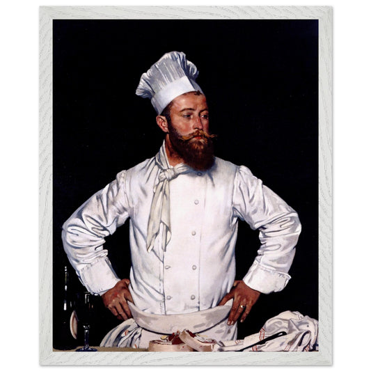 Le Chef de l'Hôtel Chatham by William Orpen, bearded chef in white toque with hands on hips, white frame