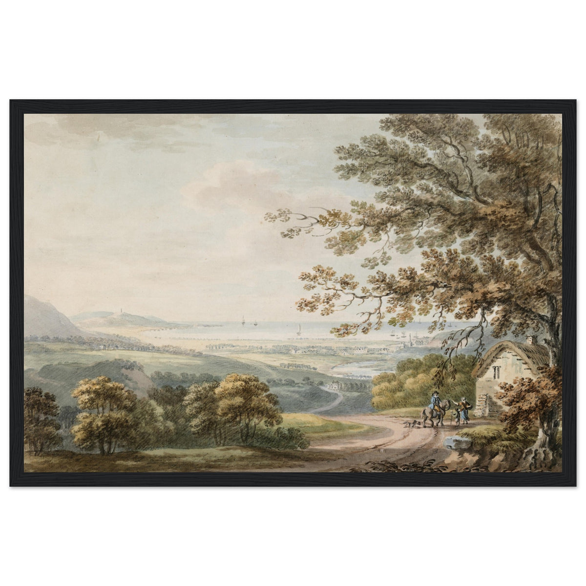 Irish landscape painting of Bray and Killiney Bay by Thomas Sautelle Roberts in a wide black frame