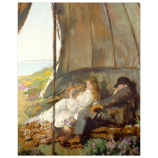 Looking at the Sea by William Orpen, girl in white and man in a bowler hat resting by a canvas windbreak