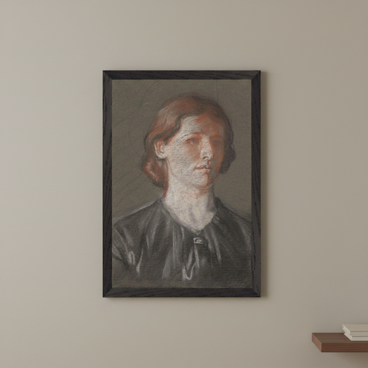 Portrait of Grace by William Orpen in a black frame on a beige wall above a small shelf