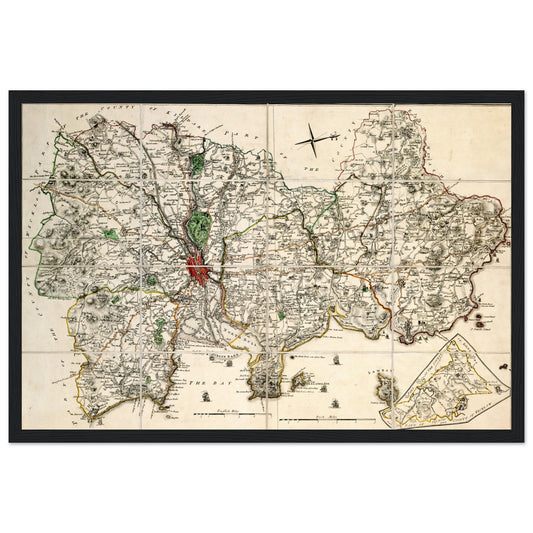 18th century map of County Dublin by John Rocque framed in black, with Dublin city marked in red