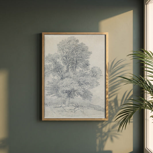 A Wych Elm at Hawley, Hampshire framed print in a natural oak frame on a dark green wall beside a window, dappled plant shadow