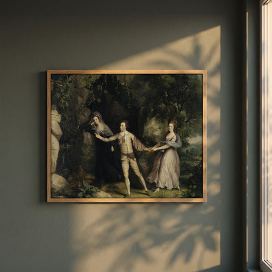 Actor Between the Muses framed print in a natural oak frame on a dark green wall beside a window, dappled plant shadow