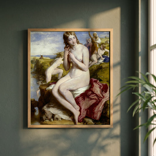 Bathers Surprised framed print in a natural oak frame on a dark green wall beside a window, dappled plant shadow