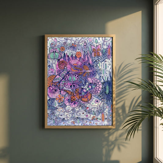 Harry Clarke Butterfly Print | Sefton Fabrics Belfast 1918 framed print in a natural oak frame on a dark green wall beside a window, dappled plant shadow