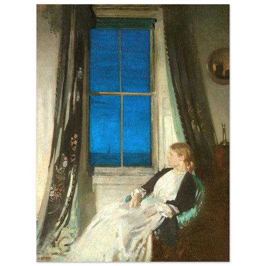 Night by William Orpen, a woman in a white dress seated by a tall window with a deep blue night sky
