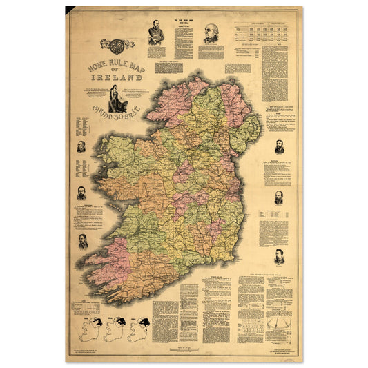 Home Rule Map of Ireland 1893, coloured county map framed by portraits and columns of text