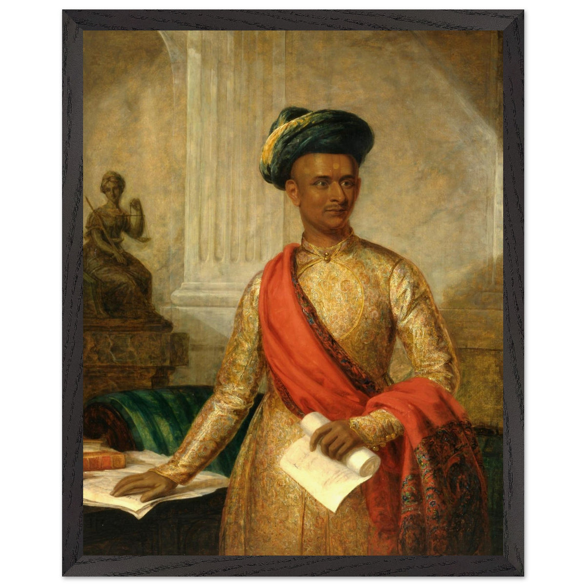 Purniya, Chief Minister of Mysore by Thomas Hickey in a black frame, holding papers beside a column