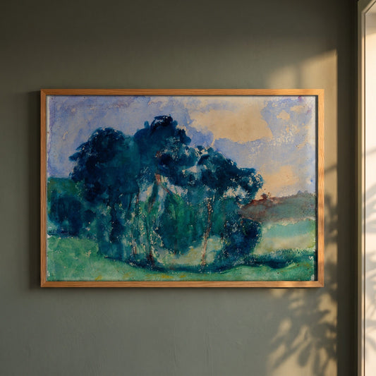 Clump of Trees, Rochefort-en-Terre framed print in a natural oak frame on a dark green wall beside a window, dappled plant shadow