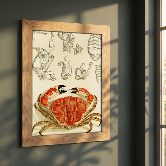 Crustacea III by Frederick McCoy framed print in a natural oak frame on a dark green wall beside a window, dappled plant shadow