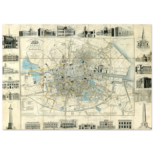Cooke's Royal Map of Dublin with vignettes of principal buildings, antique map of Dublin print