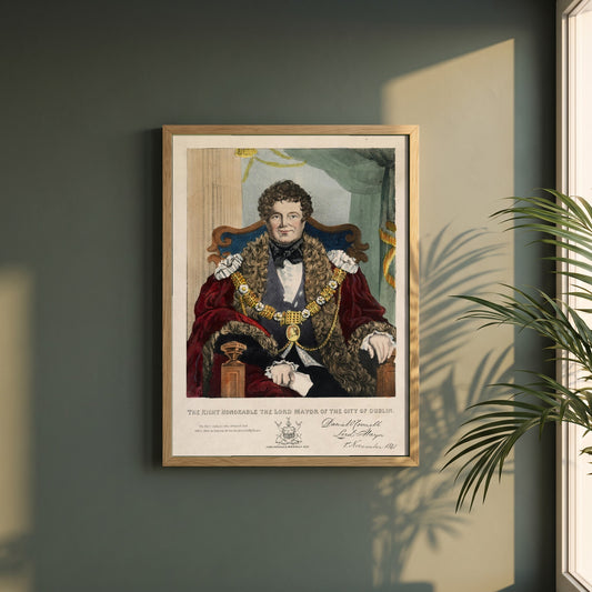 Daniel O'Connell framed print in a natural oak frame on a dark green wall beside a window, dappled plant shadow