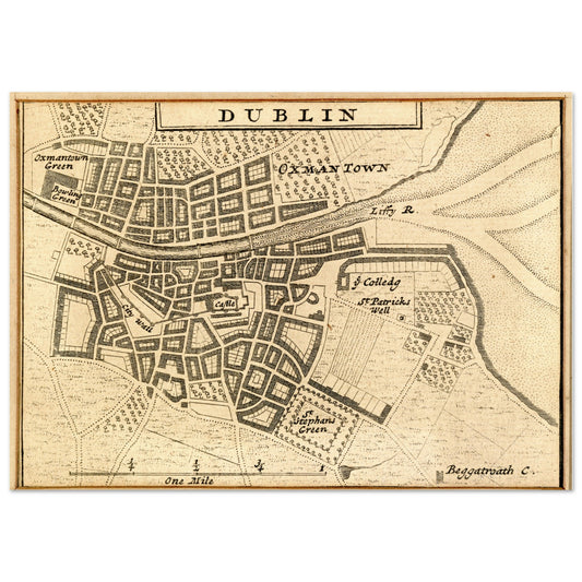 Map of Dublin City in 1714 by Herman Moll, antique engraved street plan of Dublin on aged paper