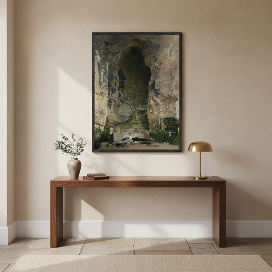 Digby Cave by William Orpen framed Irish art print above a console table in a warm hallway