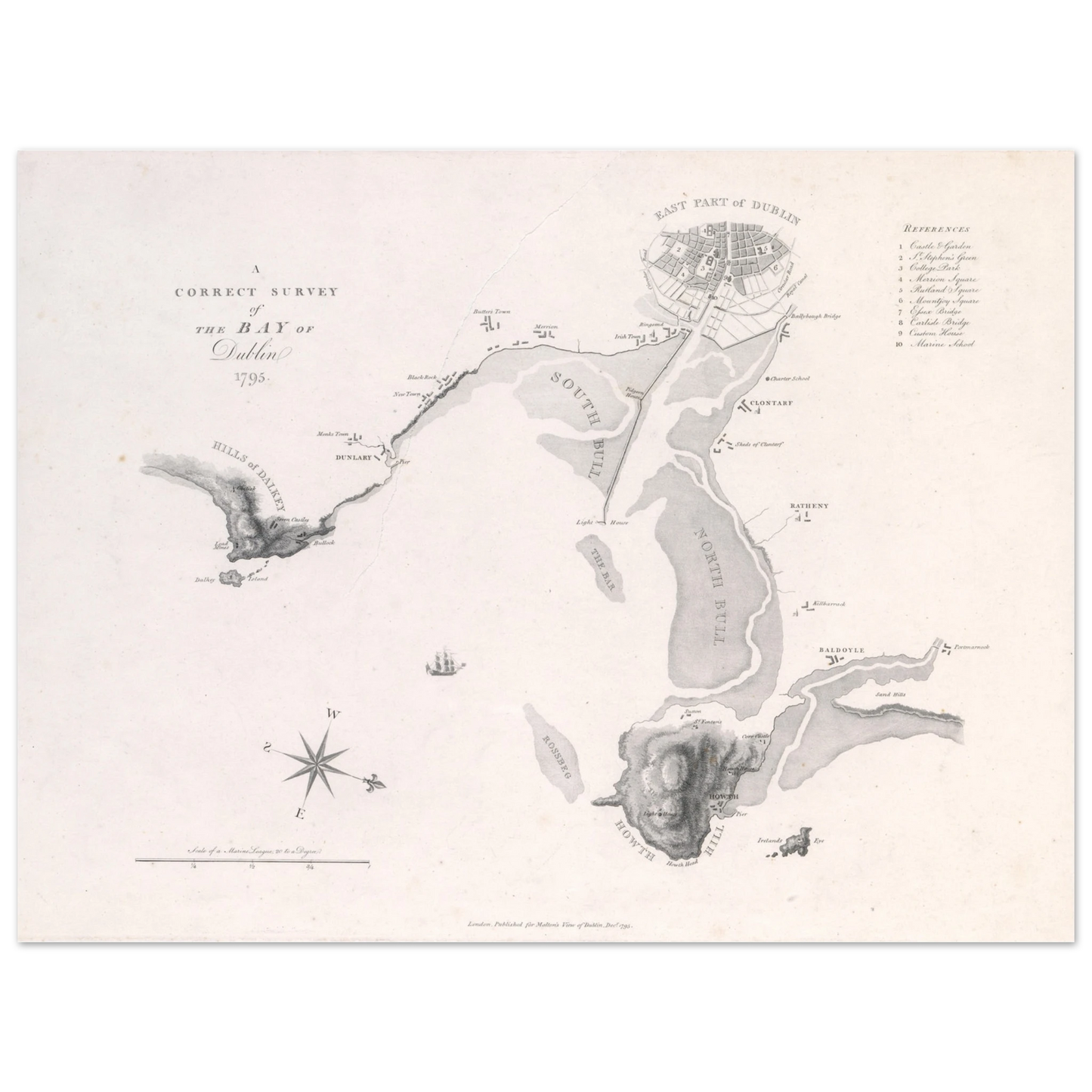 A Correct Survey of the Bay of Dublin, 1795 – James Malton Map Print – framed print close-up | Buy Irish Art