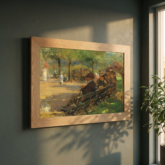 In a Dublin Park, Light and Shade framed print in a natural oak frame on a dark green wall beside a window, dappled plant shadow