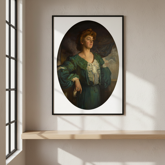 Lady Gerard in a Green Dress by William Orpen in a black frame above a wooden shelf by a window