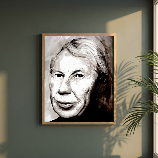 Louis le Brocquy Portrait framed print in a natural oak frame on a dark green wall beside a window, dappled plant shadow