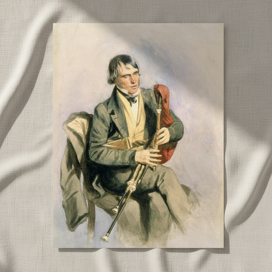 Paddy Conneely, The Galway Piper unframed print resting on draped white fabric