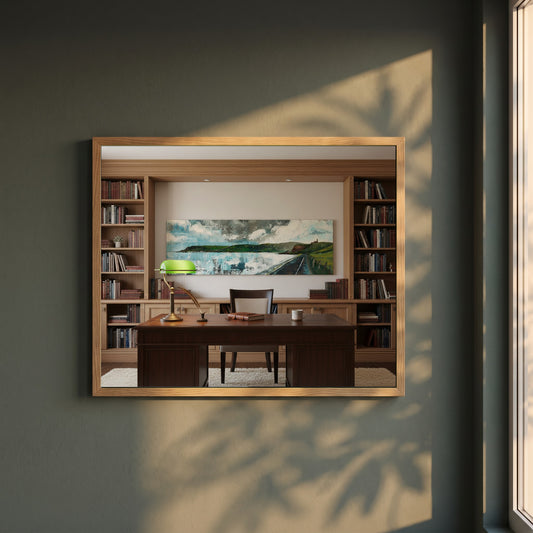 Red Bay, Cushendall framed print in a natural oak frame on a dark green wall beside a window, dappled plant shadow