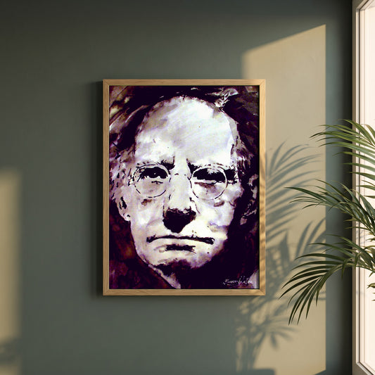 Sean O'Casey framed print in a natural oak frame on a dark green wall beside a window, dappled plant shadow