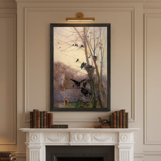 Shades of Evening by Mildred Anne Butler in black frame above traditional fireplace