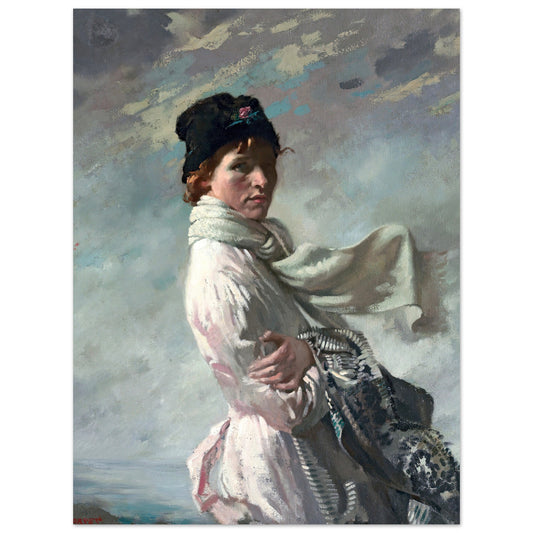 In Dublin Bay: Portrait of the Artist's Wife by Sir William Orpen, 1909, woman in a windblown scarf