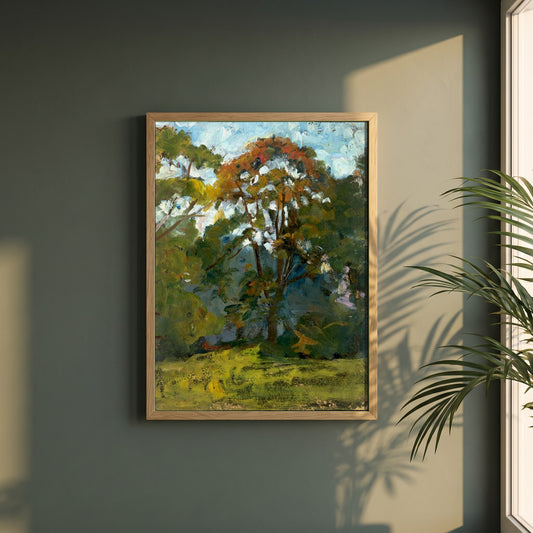 Sketch of Trees framed print in a natural oak frame on a dark green wall beside a window, dappled plant shadow