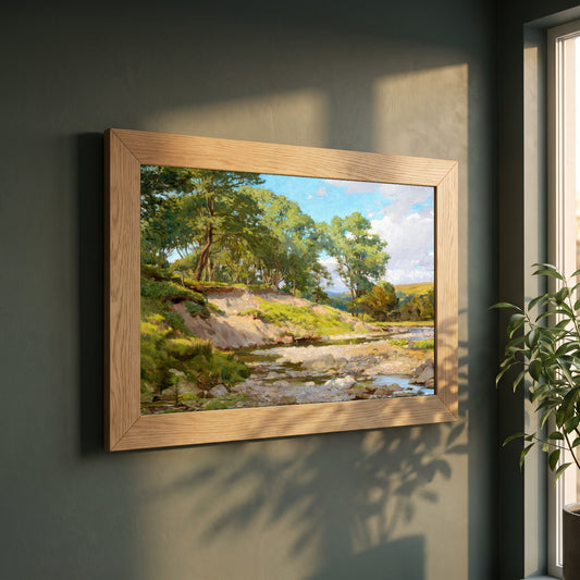 The Deer Park, Powerscourt framed print in a natural oak frame on a dark green wall beside a window, dappled plant shadow
