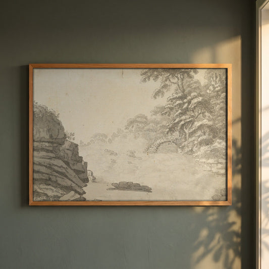 The Salmon Leap, Leixlip framed print in a natural oak frame on a dark green wall beside a window, dappled plant shadow