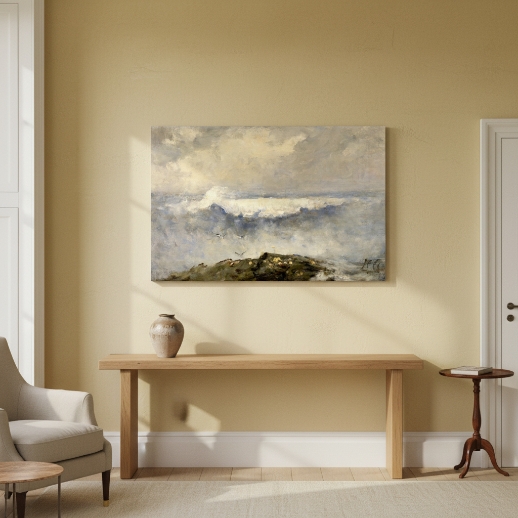 The Wave by Nathaniel Hone canvas print above a wooden console table in a warm beige room