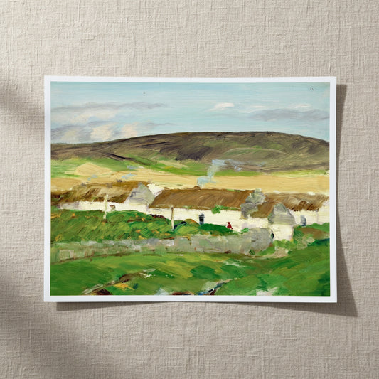 The White Cottage, Ireland by Robert Henri, unframed archival art print resting on light linen fabric in soft natural daylight
