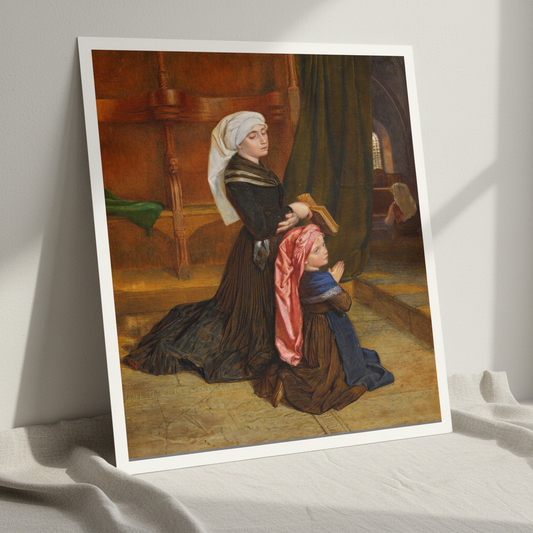 The Widow of Wöhlm by Frederic William Burton in a white frame leaning against a wall on draped linen