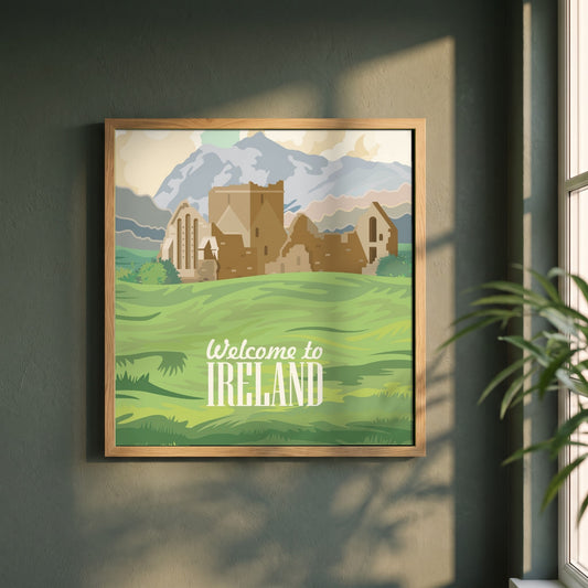 Welcome to Ireland Poster Print | Vintage Irish Travel framed print in a natural oak frame on a dark green wall beside a window, dappled plant shadow