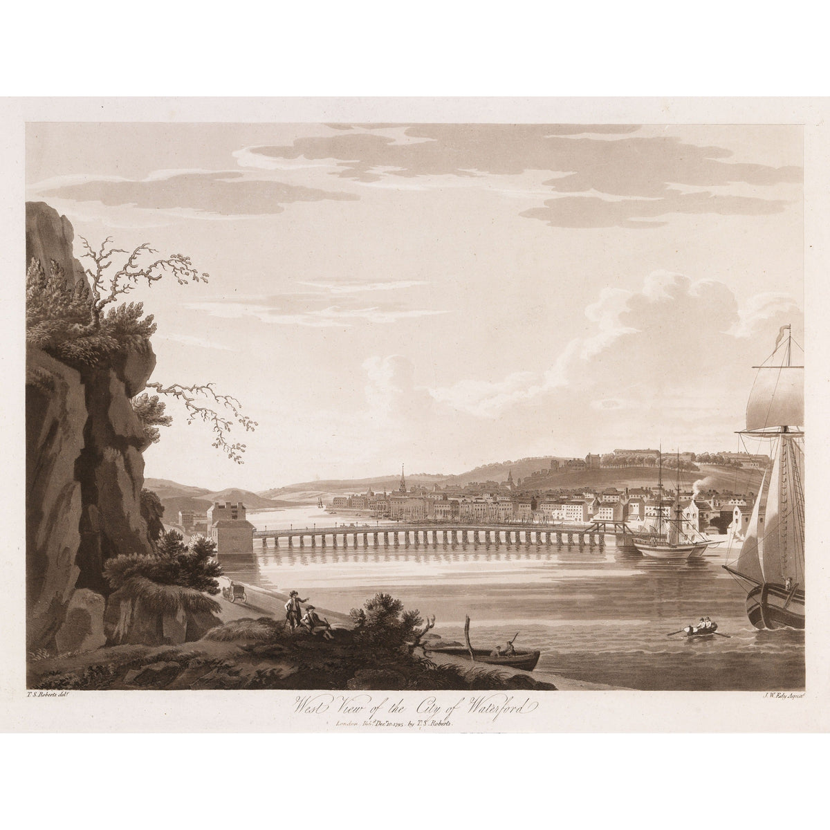 West View of the City of Waterford, 1795 aquatint by Thomas Sautelle Roberts, river, long bridge and ship