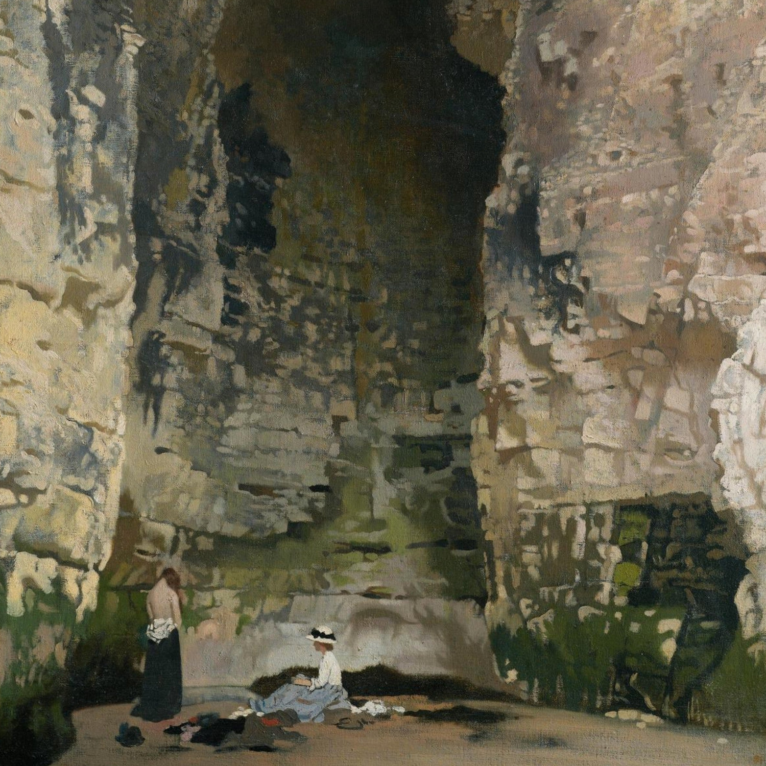 Digby Cave rocky coastal scene with a seated figure painted by William Orpen