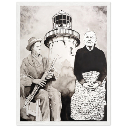 Róise Rua & Uilleann piper Aranmore Lighthouse Island Framed Wall Art Print by Irish Artist – size comparison view | Buy Irish Art