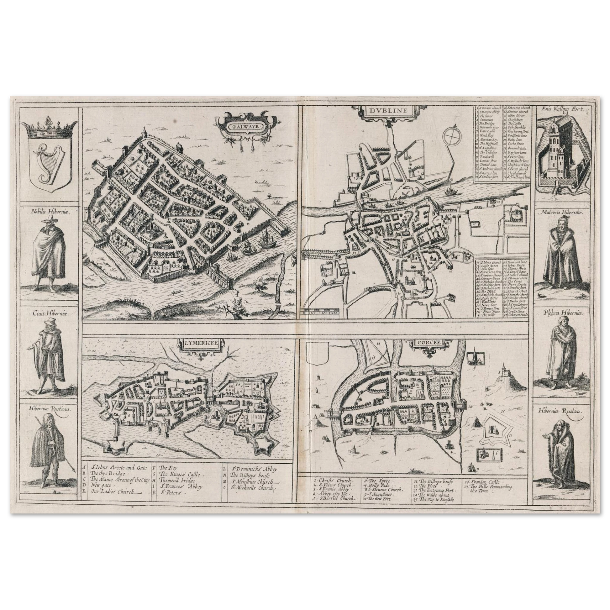 Town Plans of Dublin, Cork, Limerick and Galway (1618) – Historic Reproduction Print – framed print close-up | Buy Irish Art