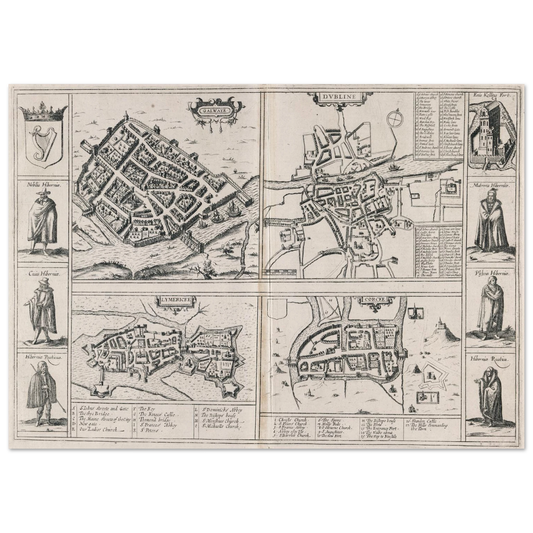 Town Plans of Dublin, Cork, Limerick and Galway (1618) – Historic Reproduction Print – framed print close-up | Buy Irish Art