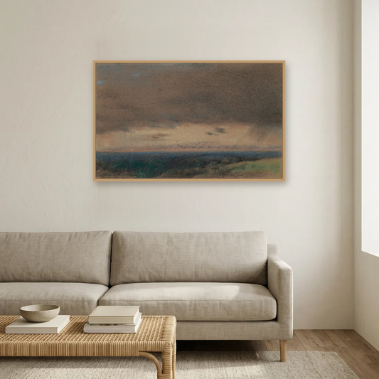 Stormy Clouds at Sunrise art print, framed and hung in a living room