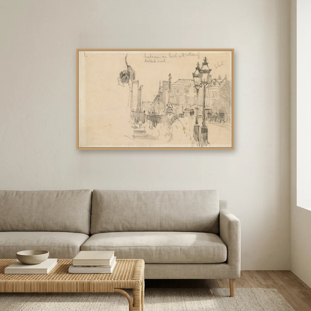 Merrion Row, Dublin, and Tracton House art print, framed and hung in a living room
