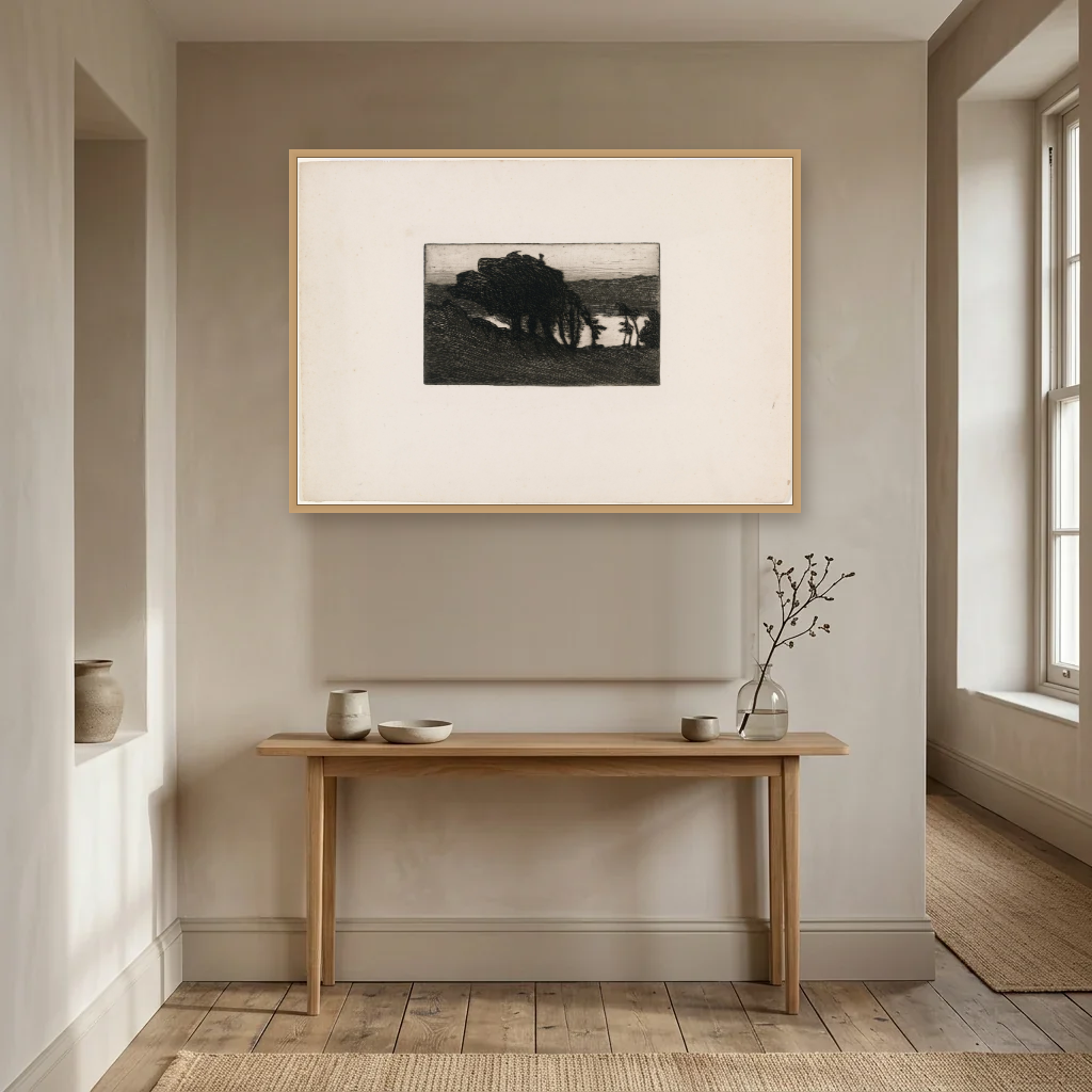 Landscape with Dark Trees and a River art print, framed and hung in a hallway