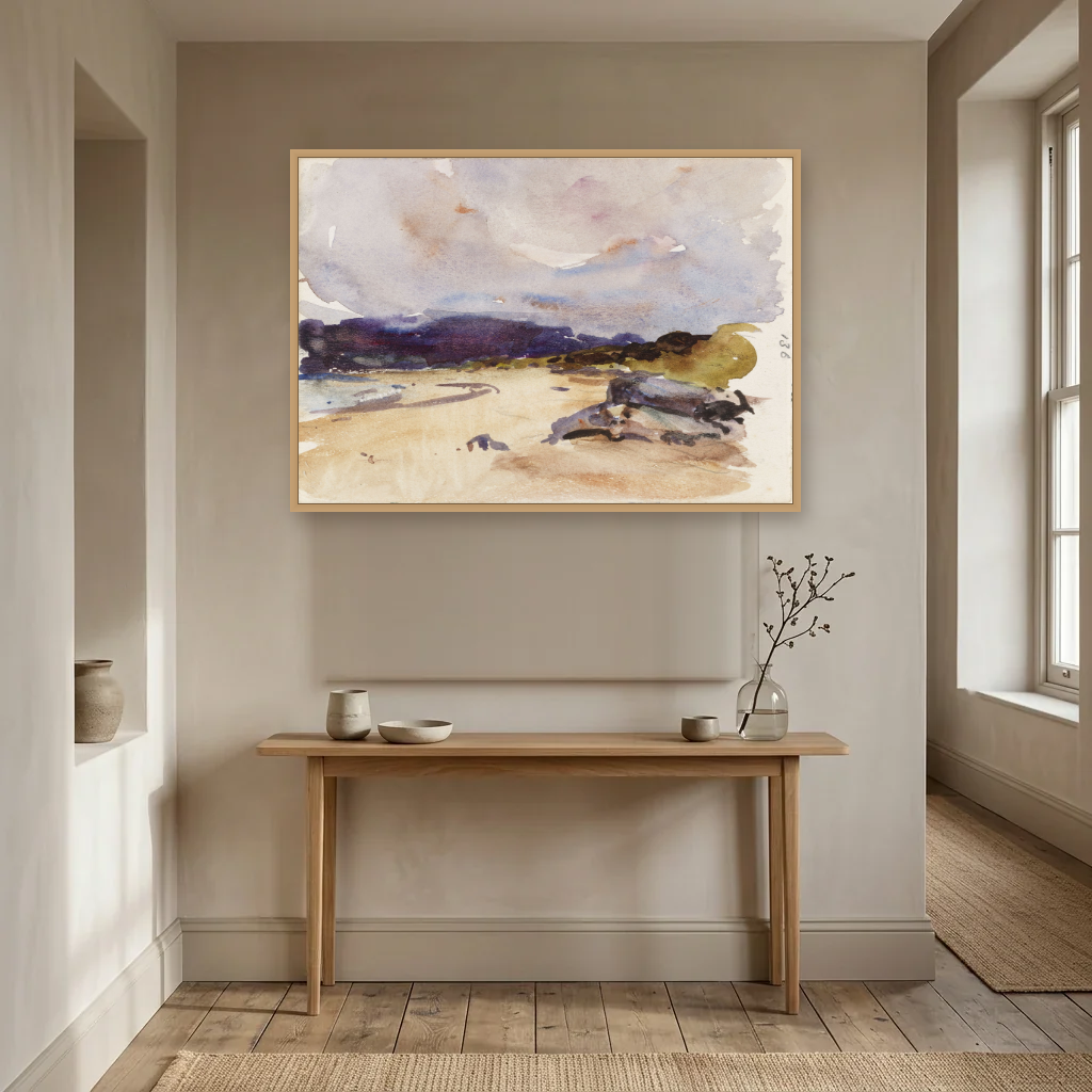 A Bay and Distant Mountains art print, framed and hung in a hallway